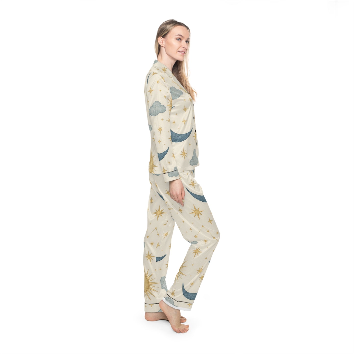 PJ Designs women's satin pajamas set with celestial moon and star all over prints in cream color