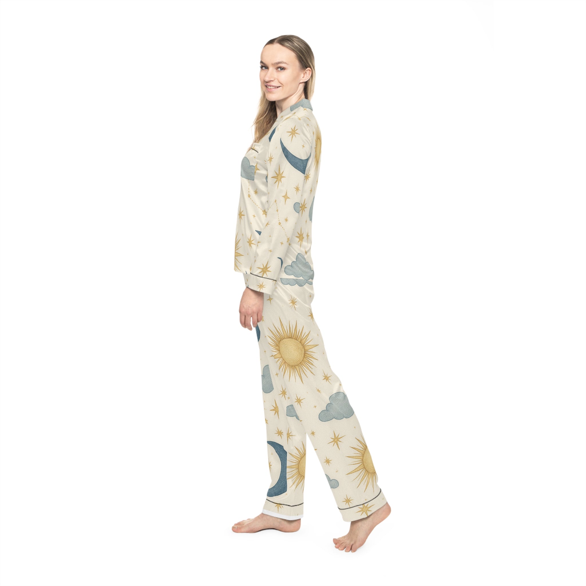 PJ Designs women's satin pajamas set with all over sun, moon, and cloud prints in beige and blue