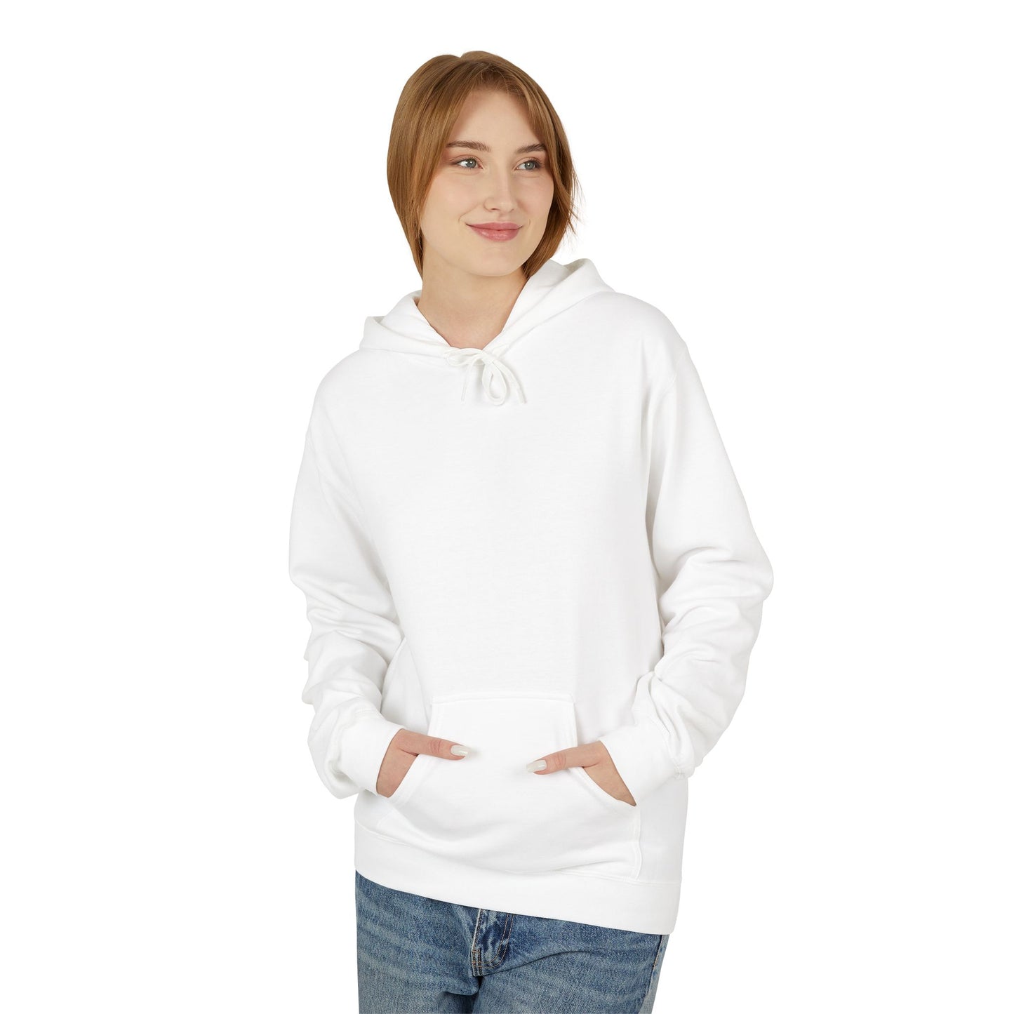 PJ Designs white yin yang fleece hoodie worn by woman with front pocket and drawstring hood