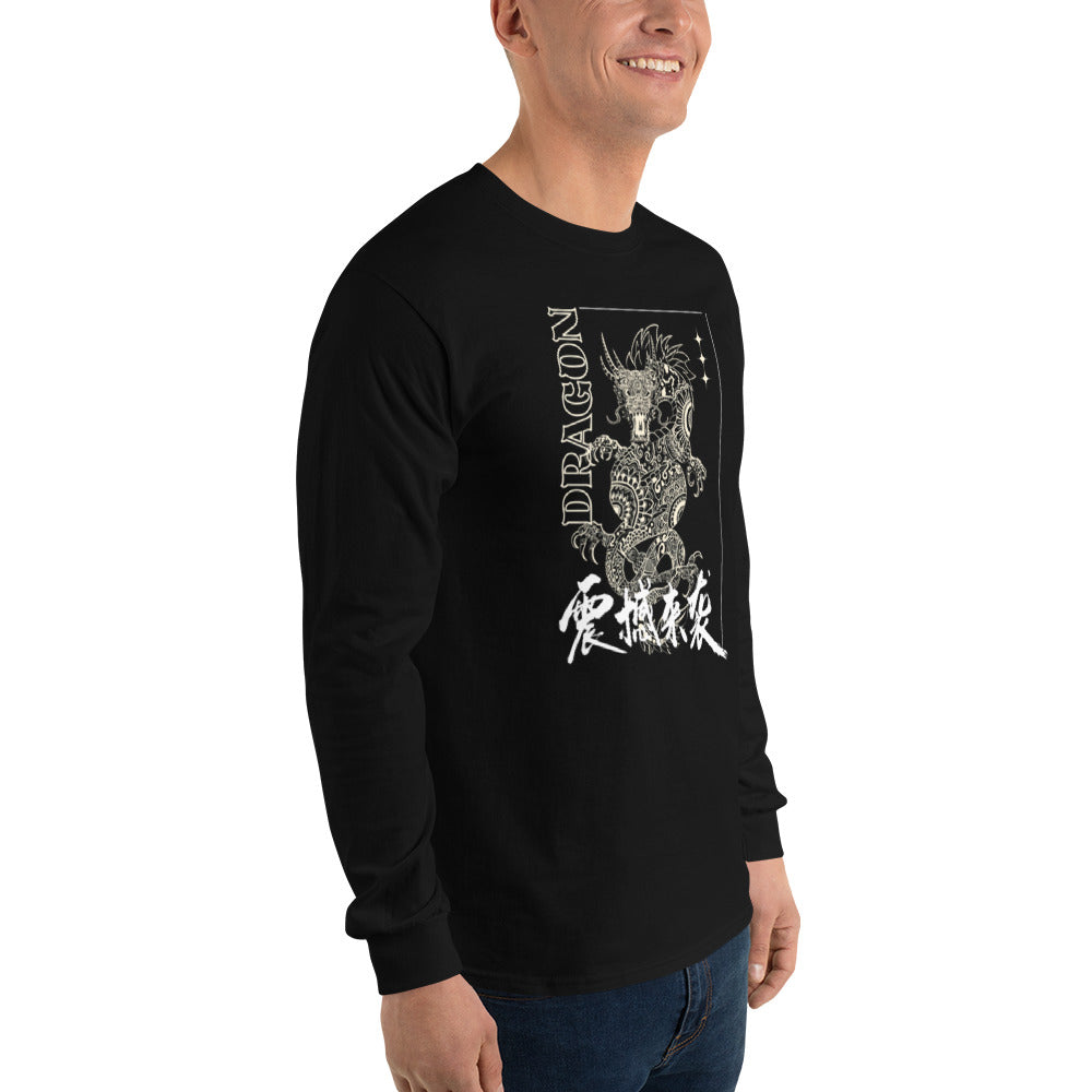 PJ Designs men's Asian-inspired dragon shirt long sleeve black crewneck with white intricate dragon graphic