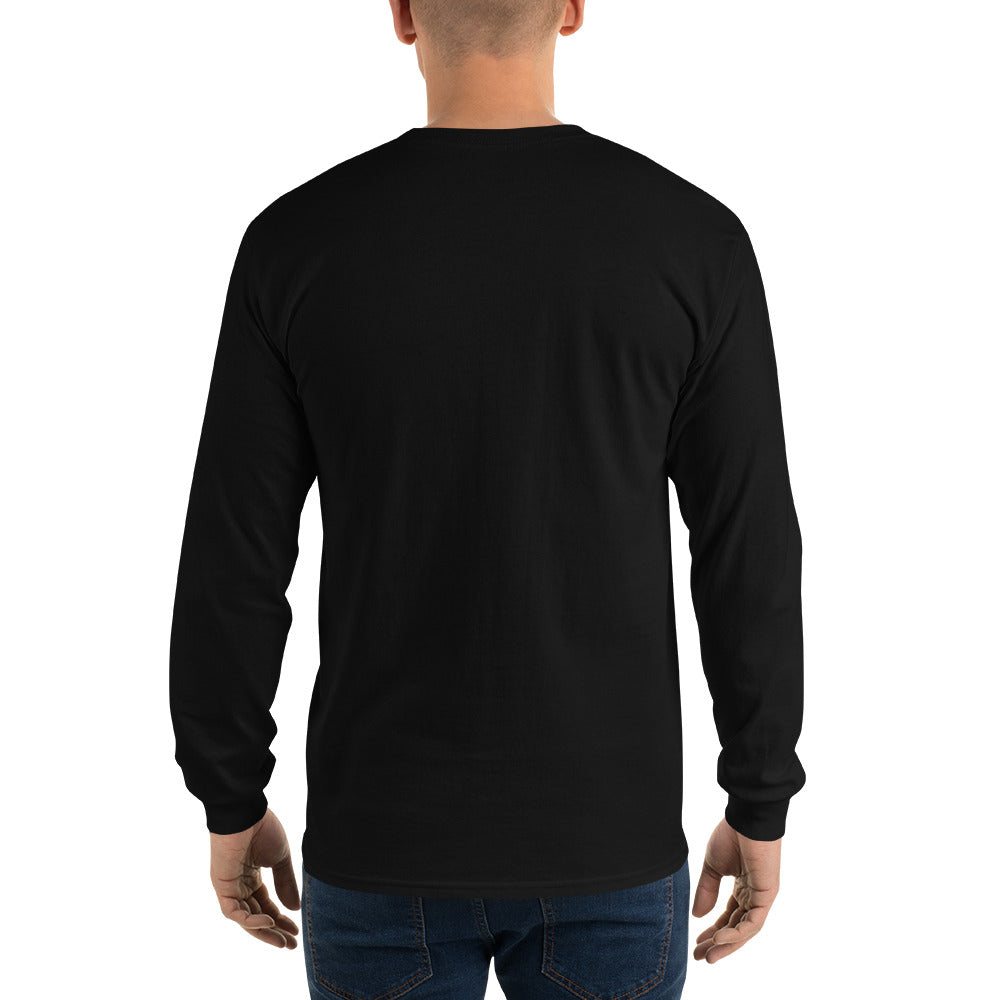PJ Designs black long-sleeve men's Asian-inspired dragon shirt back view on male model wearing jeans