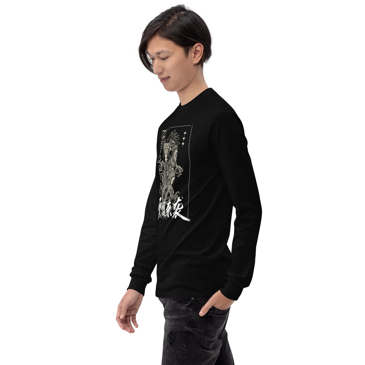 PJ Designs men's Asian-inspired dragon shirt long-sleeve black with detailed gold dragon print