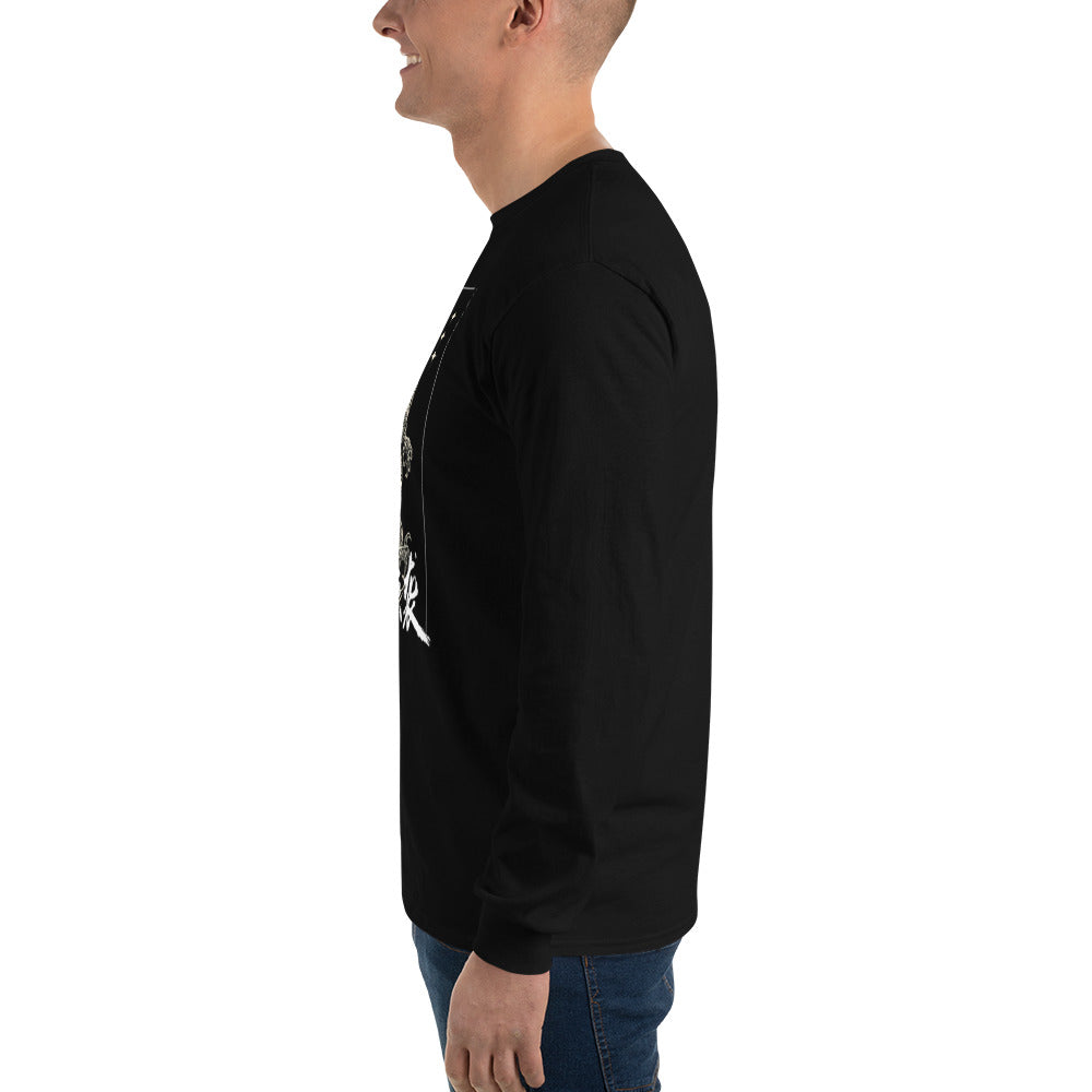 PJ Designs men's Asian-inspired dragon shirt long sleeve black side profile on male model with visible front dragon print