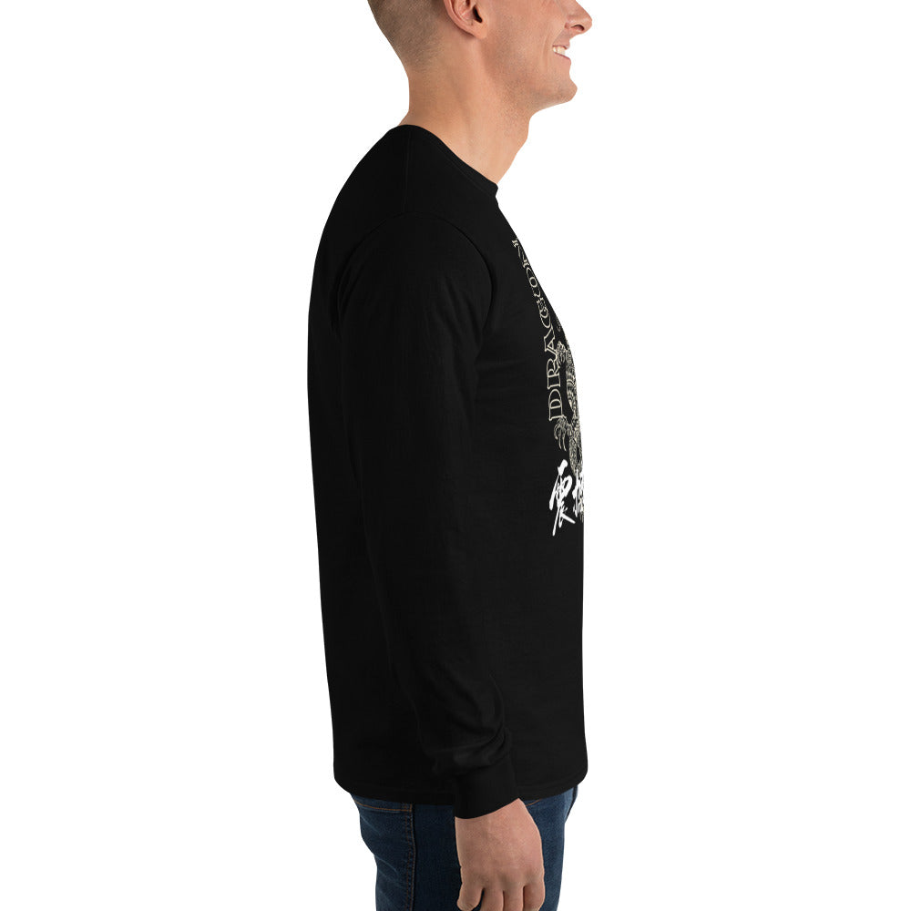 PJ Designs men's Asian-inspired dragon shirt black long sleeve shown on smiling male model