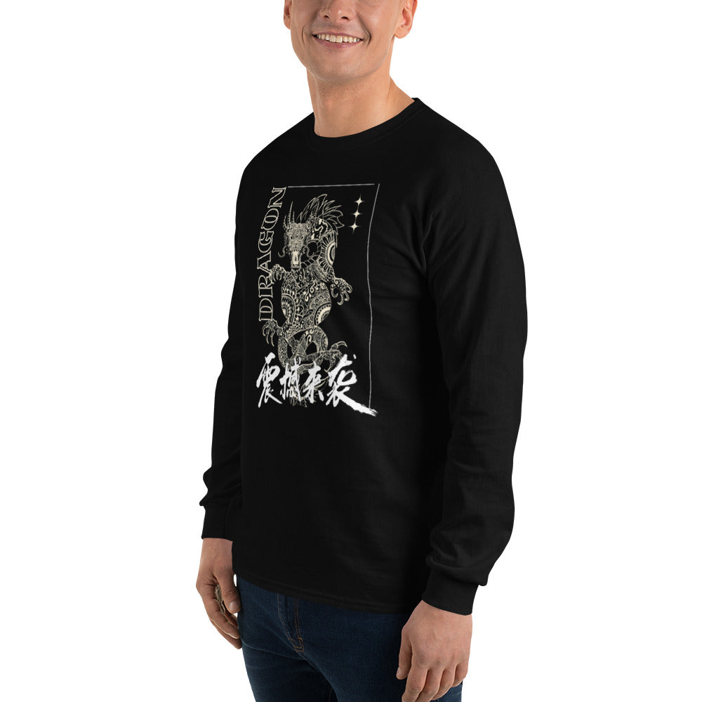 PJ Designs black long-sleeve men's Asian-inspired dragon shirt with detailed silver dragon print on front