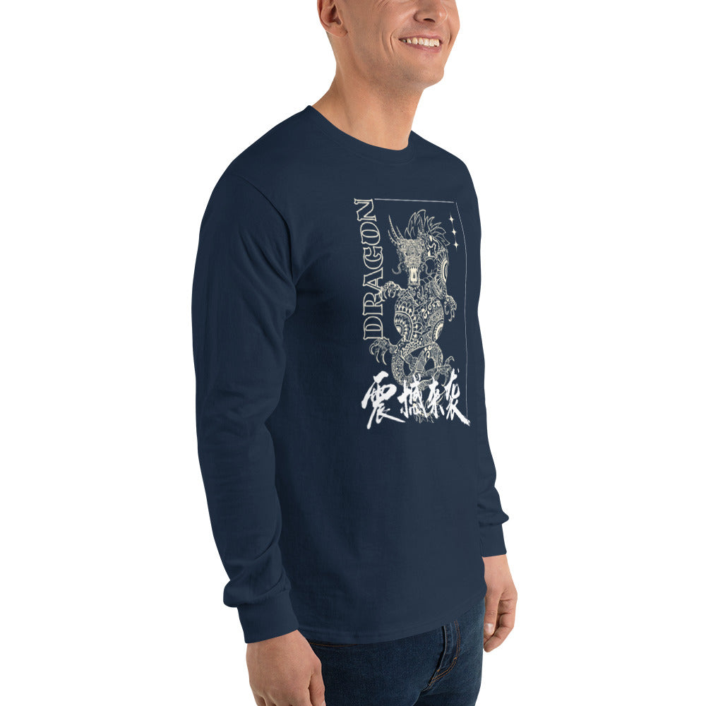 PJ Designs men's Asian-inspired dragon shirt navy long sleeve with white dragon artwork