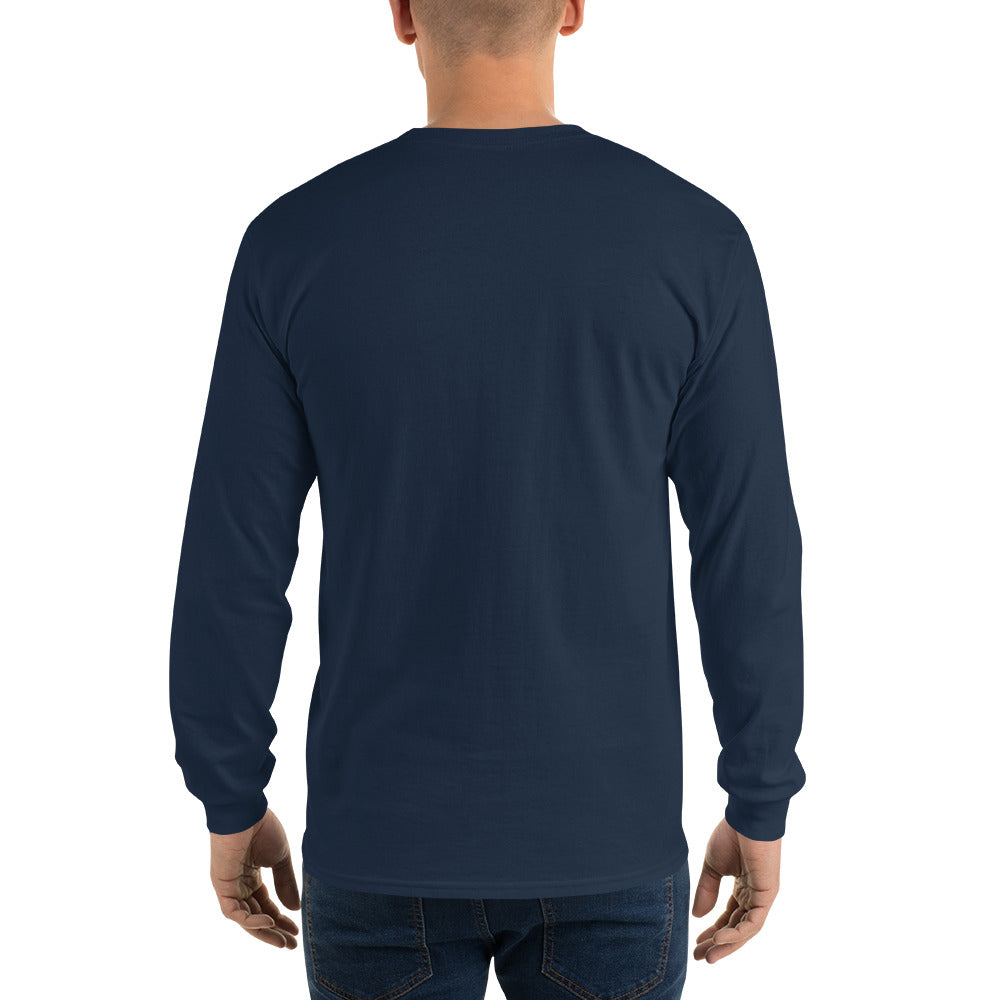 Back view of PJ Designs navy long sleeve men's Asian-inspired dragon shirt on male model for casual wear