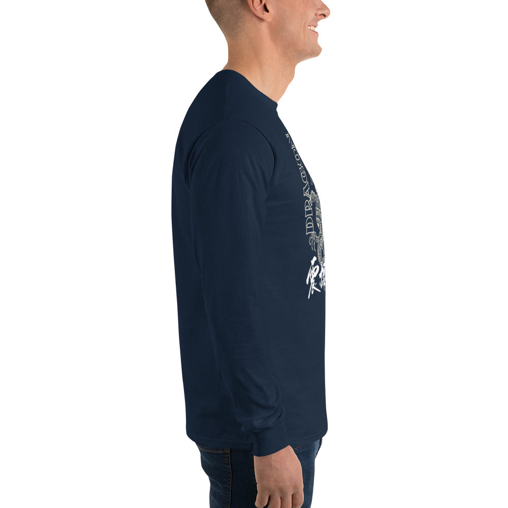 PJ Designs men's Asian-inspired dragon shirt long sleeve navy on smiling side profile model with white dragon print
