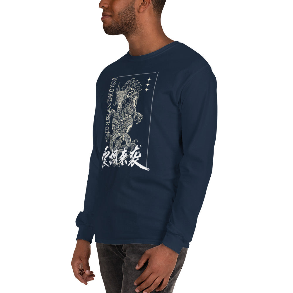 PJ Designs navy long sleeve men's Asian-inspired dragon shirt with white detailed dragon print