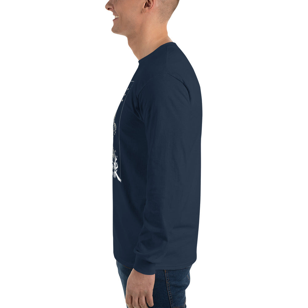 PJ Designs men's Asian-inspired dragon shirt long-sleeve navy side profile on male model