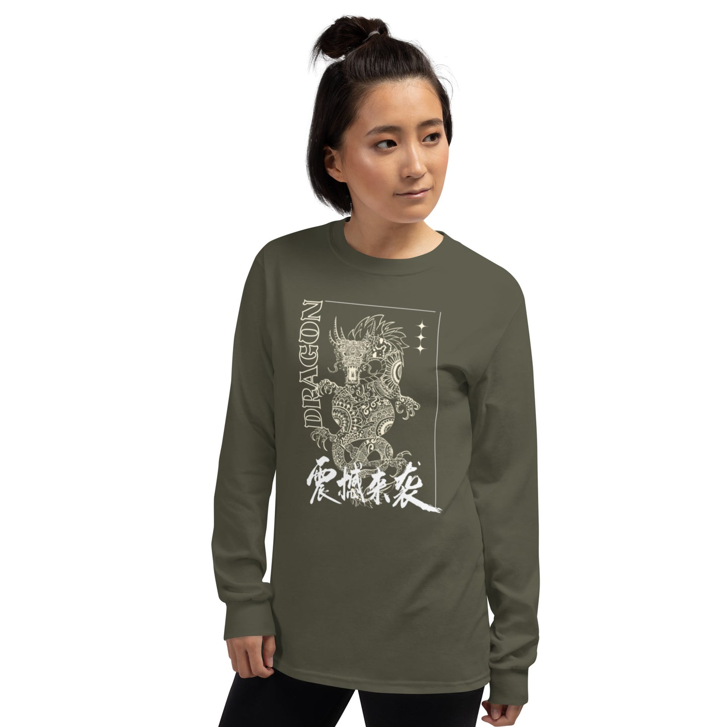 PJ Designs long sleeve olive green tee with white dragon print and calligraphy men's Asian-inspired dragon shirt