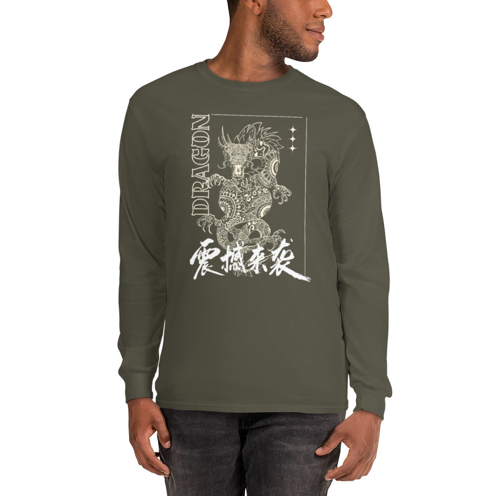 PJ Designs olive long-sleeve men's Asian-inspired dragon shirt with detailed white dragon graphic and Japanese lettering