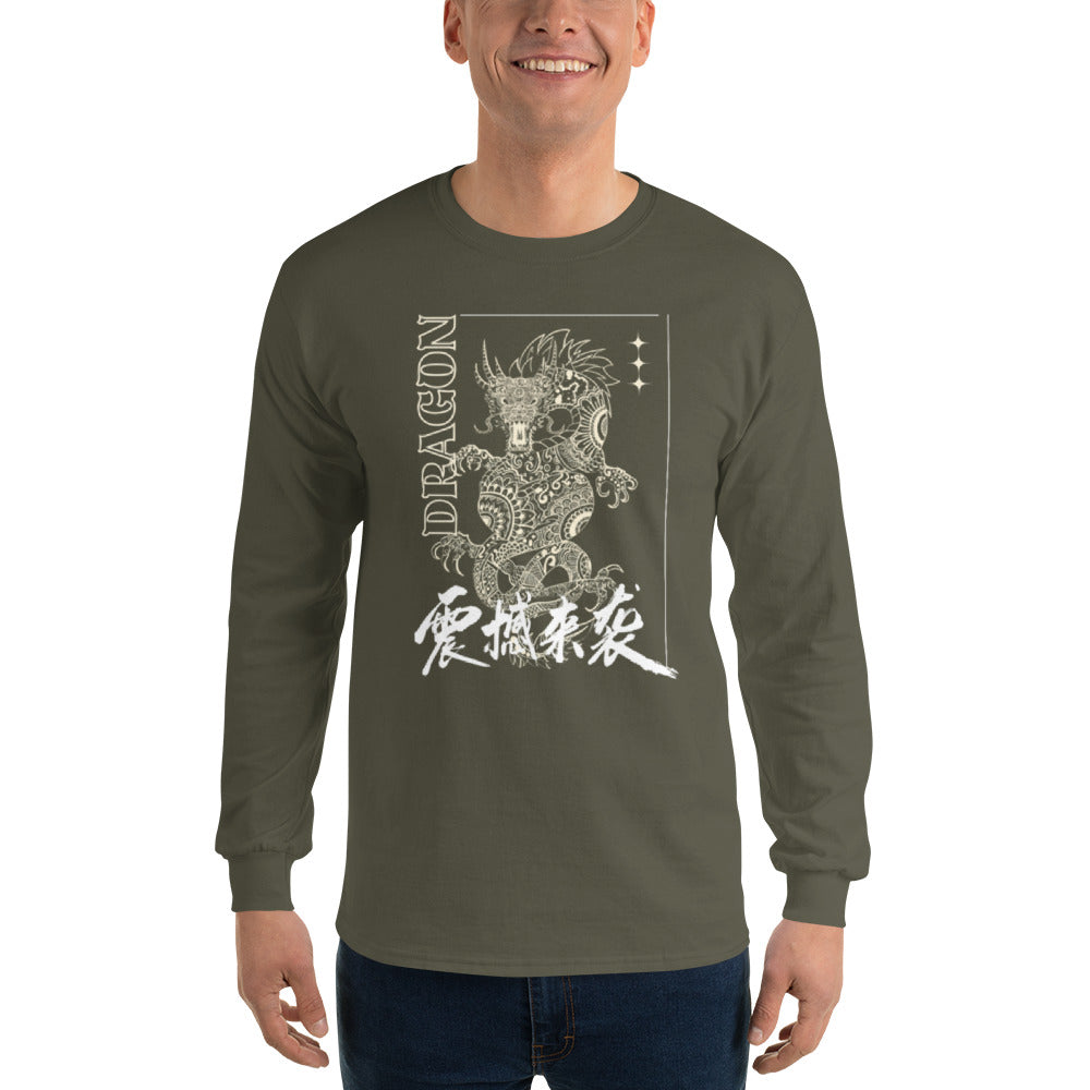 PJ Designs long sleeve men's Asian-inspired dragon shirt olive with white intricate dragon print and Asian calligraphy