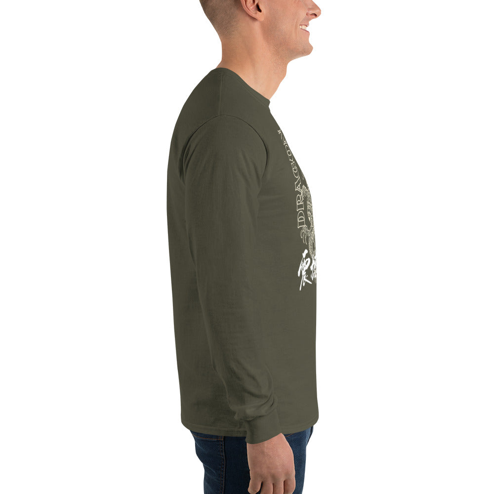 PJ Designs long-sleeve in olive with white dragon graphic on chest modeled side view men's Asian-inspired dragon shirt