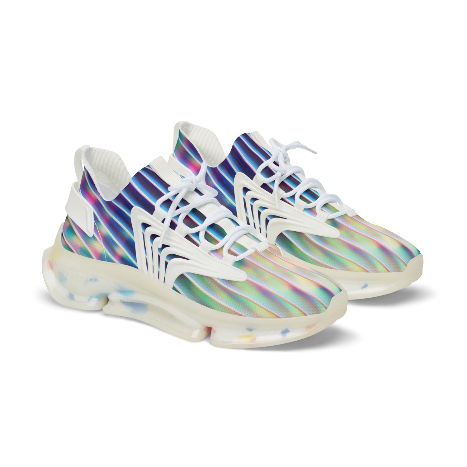 Pair of unique designer sneakers online featuring colorful striped pattern and white sole with laces