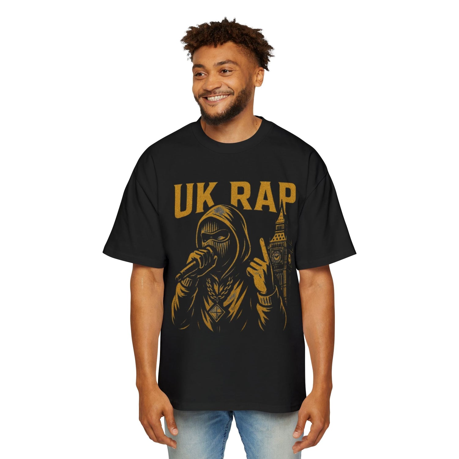Man wearing a black urban style t-shirts for men featuring UK rap graphic design