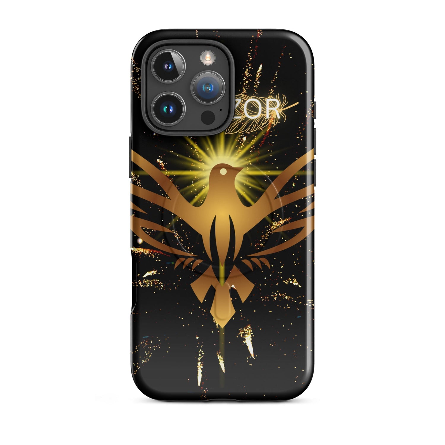 Black phone case with gold phoenix design and bright glowing effect unique phone case designs