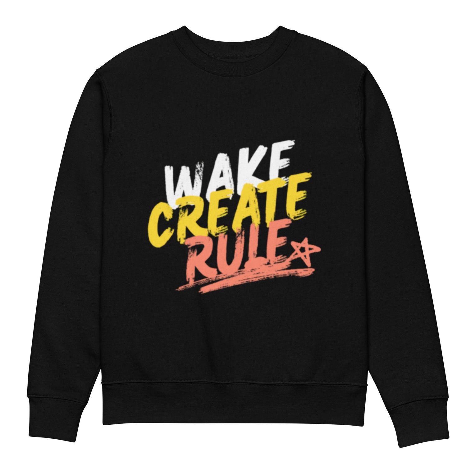 Black sweatshirt with colorful wake create rule text design from unique street style sweatshirts collection