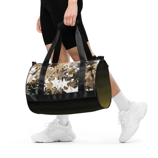 PJ Designs all over print workout bag with star pattern carried by person in athletic wear