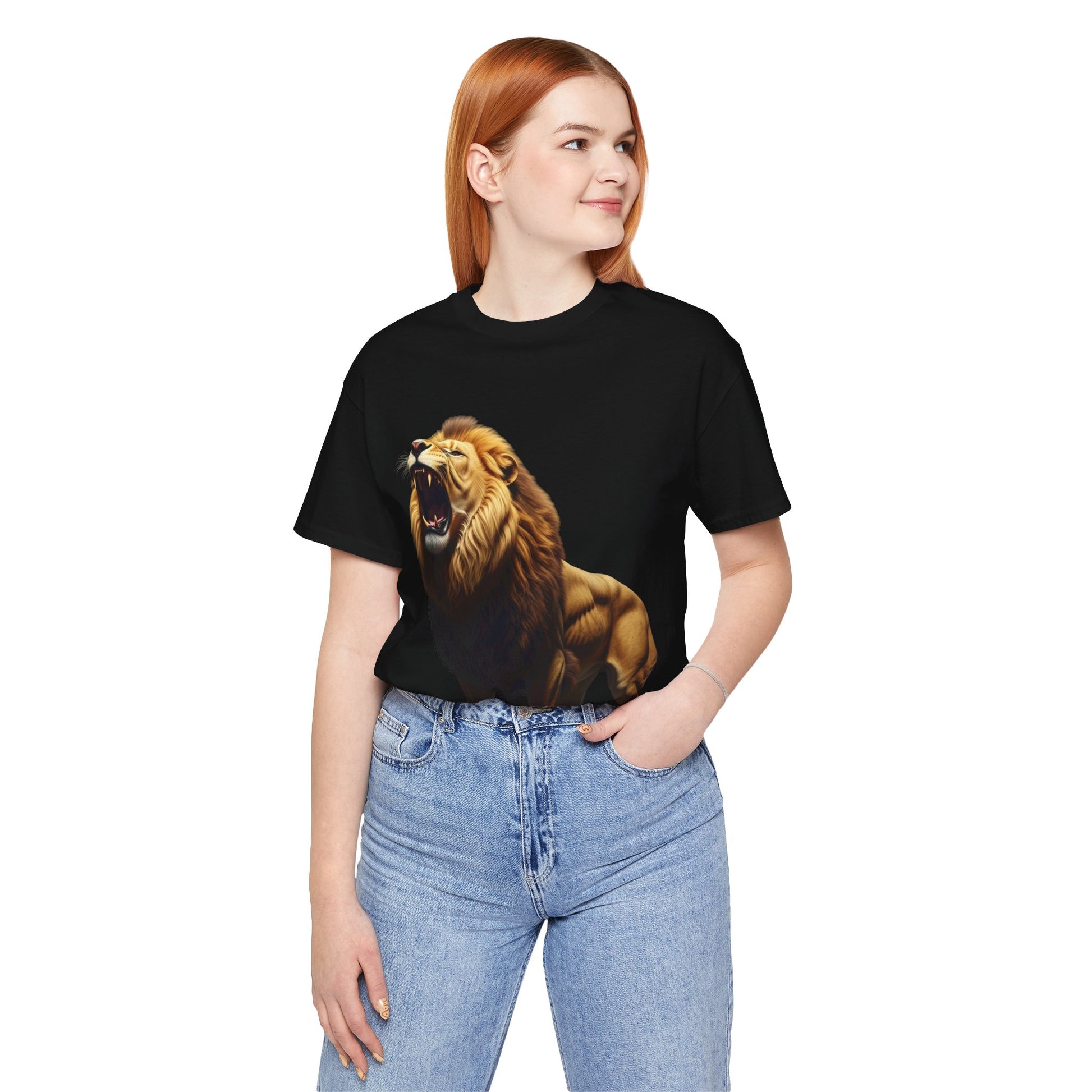 Printify black bold wildlife print shirt featuring a roaring lion worn by a woman with jeans