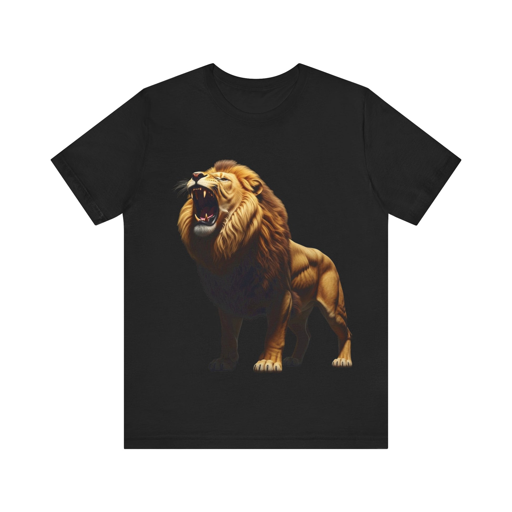 Black Printify T-shirt featuring a bold wildlife print shirt of a roaring lion graphic