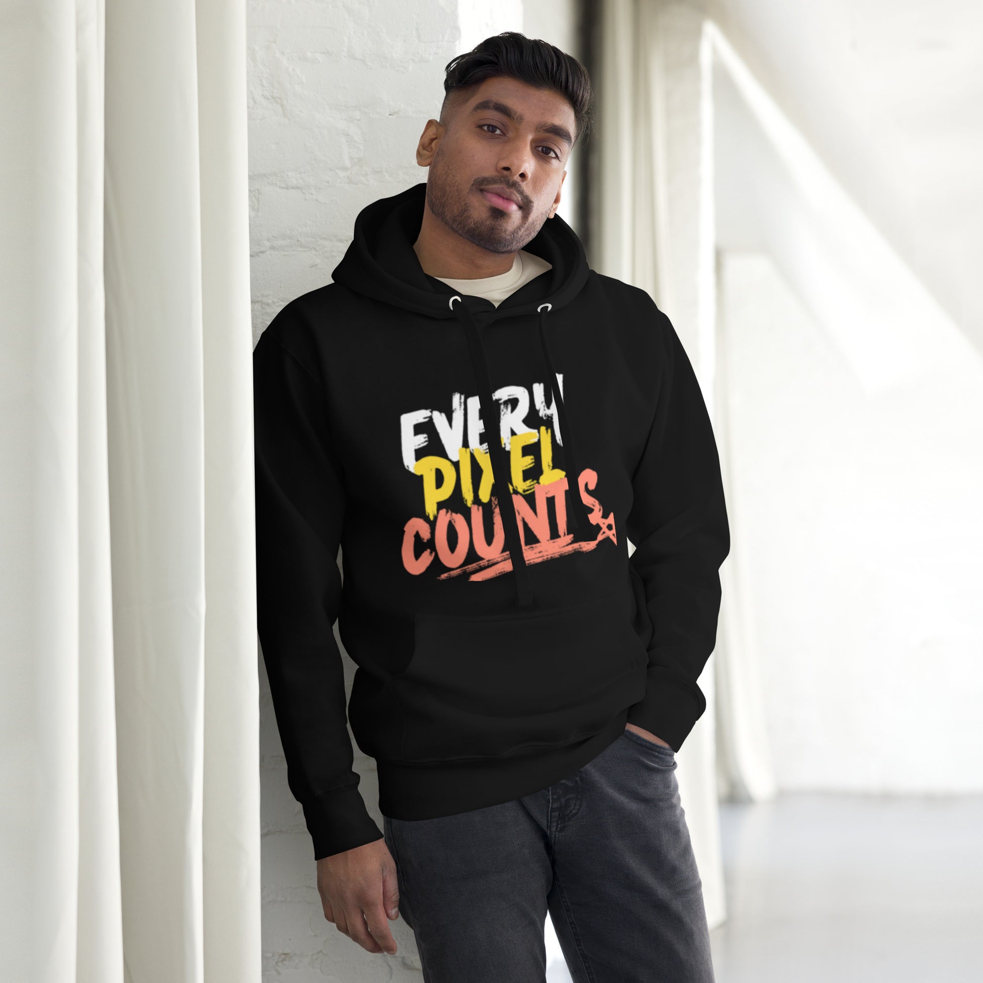 PJ Designs black graphic print hoodies for men and women with colorful Every Day Counts text