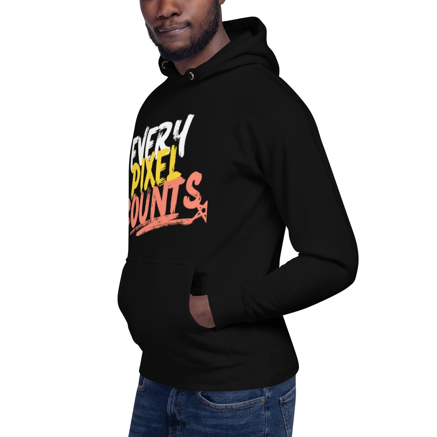PJ Designs black graphic print hoodies for men and women with Every Pixel Counts text design