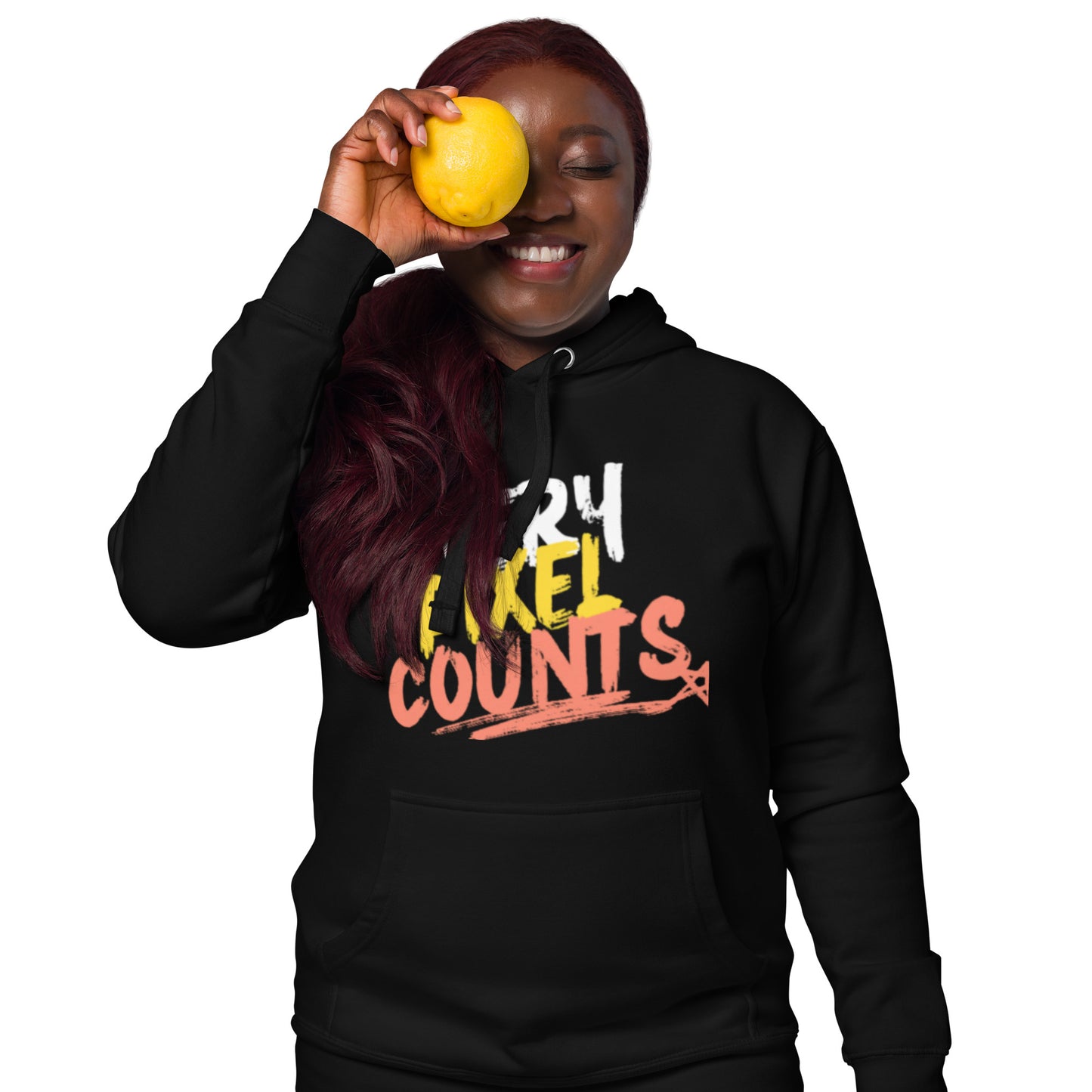 PJ Designs black graphic print hoodies for men and women with a colorful like counts design