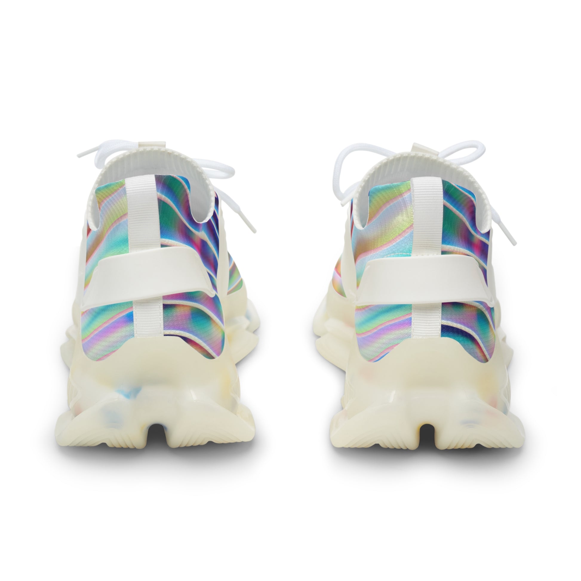 Pair of colorful athletic sneakers for men by PJ Designs viewed from the back with white soles and laces