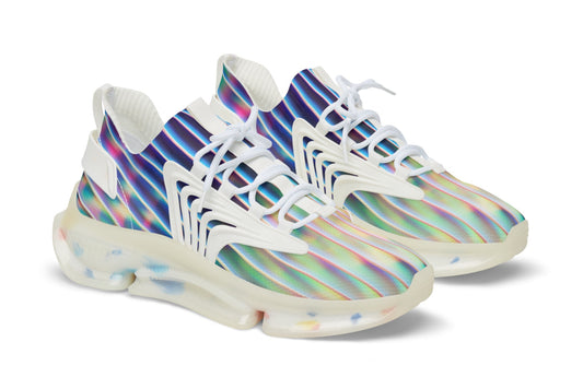 PJ Designs colorful athletic sneakers for men with vibrant striped pattern and white laces