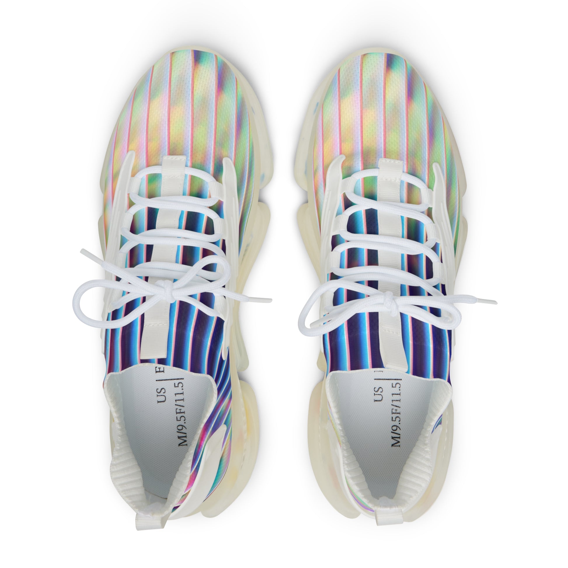 PJ Designs colorful athletic sneakers for men with white laces and striped iridescent upper