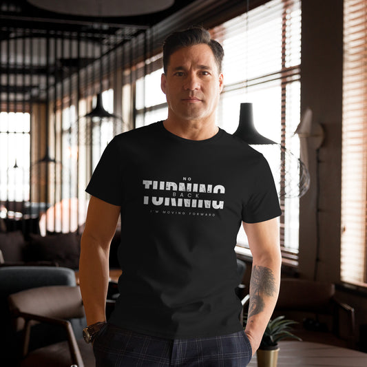 Man wearing a comfortable men's fashion t-shirt by PJ Designs with a no turning back graphic