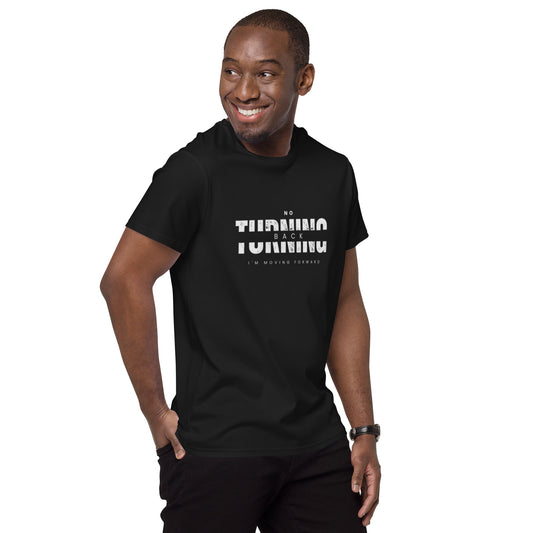 Comfortable men's fashion t-shirt by PJ Designs black with motivational text no turning back