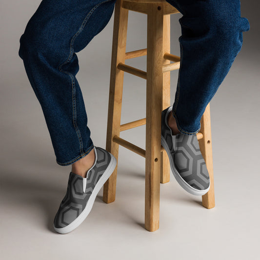 Comfortable men's slip-on loafers by PJ Designs with geometric pattern and white soles
