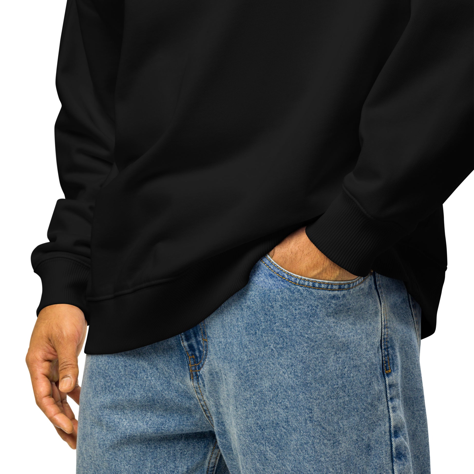Black comfortable oversized crewneck sweatshirt by PJ Designs worn with blue jeans