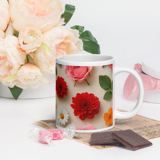 PJ Designs custom printed ceramic mug with all over prints of colorful flowers on a table