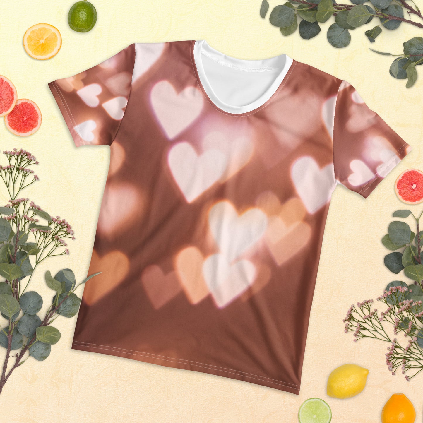 PJ Designs cute pink fitted tee with heart pattern laid flat surrounded by citrus and greenery