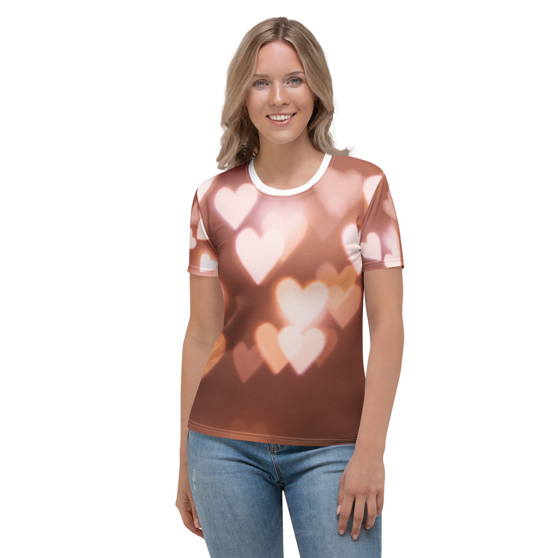 PJ Designs cute pink fitted tee with heart pattern worn by smiling woman with blonde hair