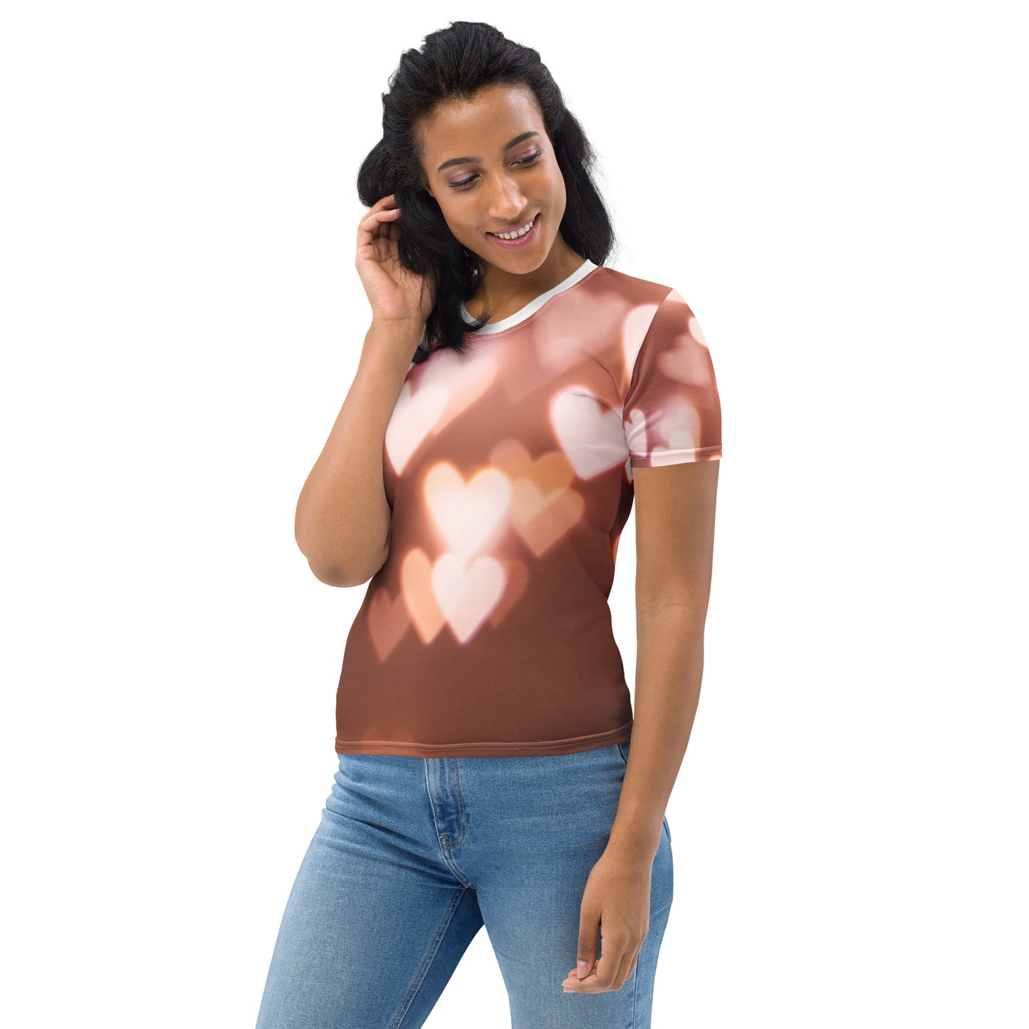 PJ Designs cute pink fitted tee with heart pattern worn by smiling woman paired with blue jeans