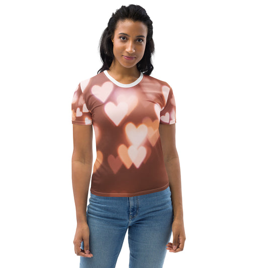 PJ Designs cute pink fitted tee with heart pattern worn by woman with dark hair and blue jeans