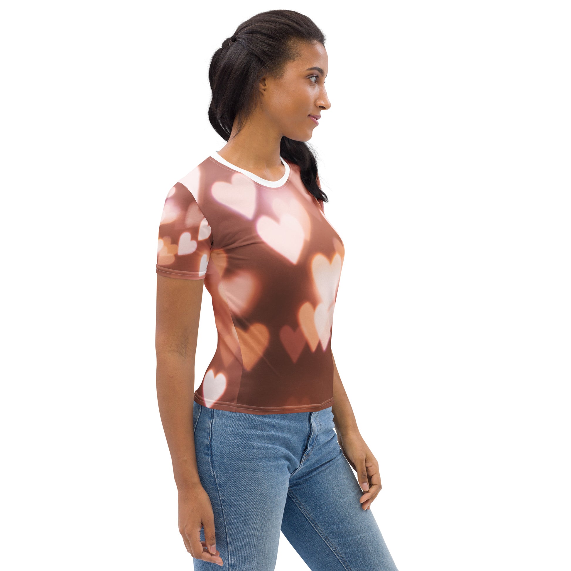 PJ Designs cute pink fitted tee with heart pattern worn by woman with long hair and blue jeans