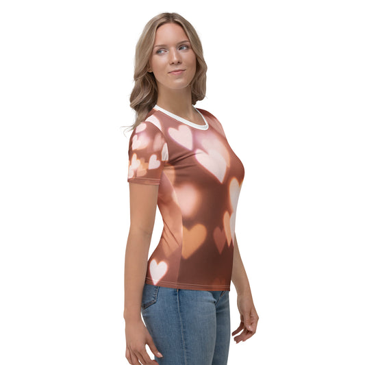 PJ Designs cute pink fitted tee with heart pattern worn by woman paired with blue jeans