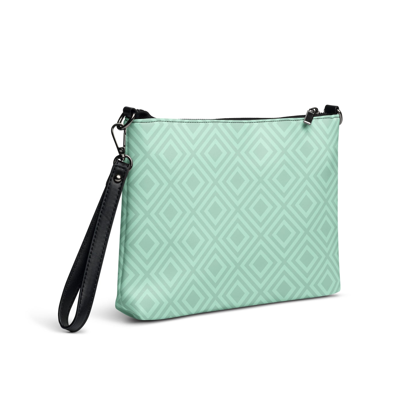 PJ Designs diamond pattern wristlet bag with mint green geometric all over print and black strap