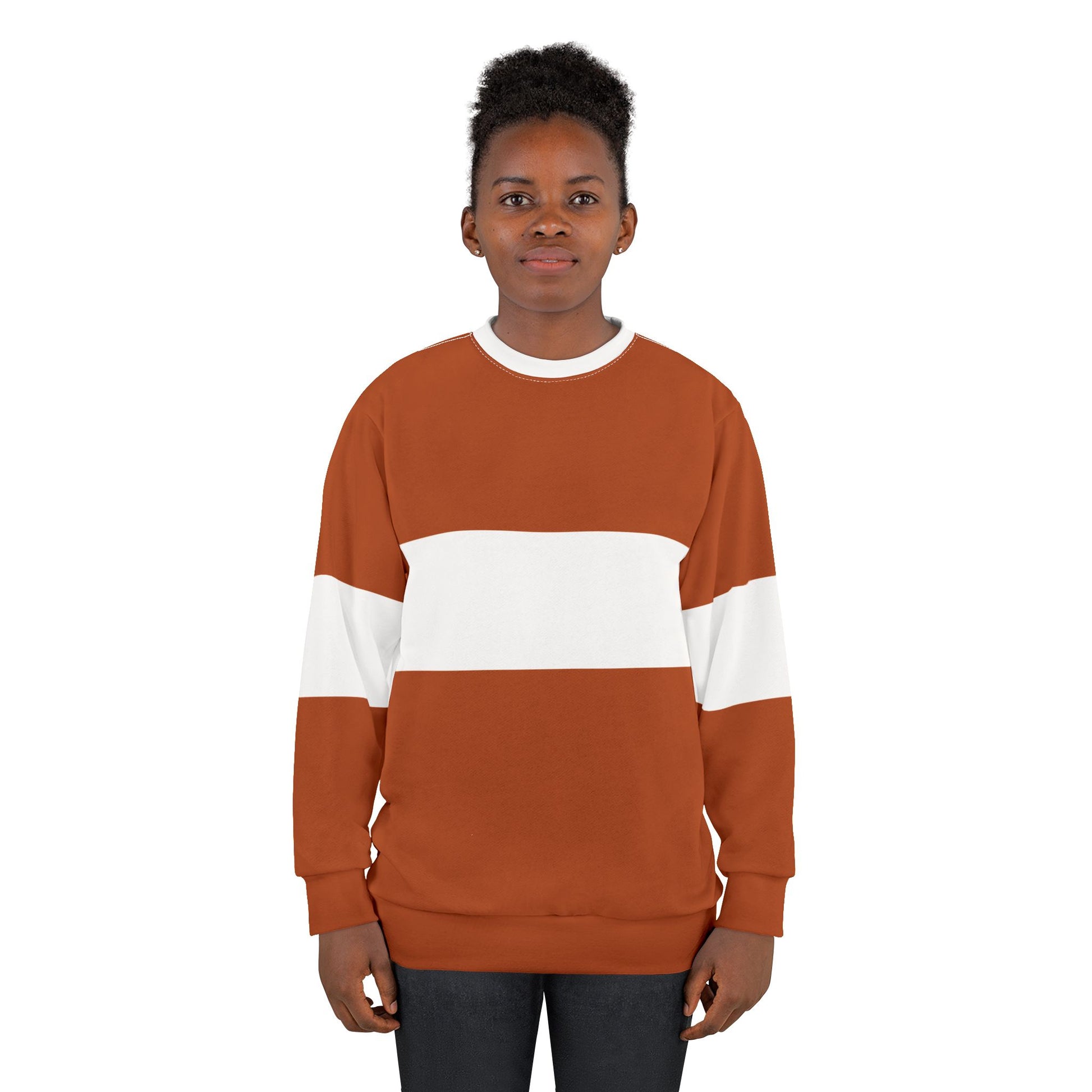 Printify fall casual sweatshirt for men and women in brown with white stripe worn by model