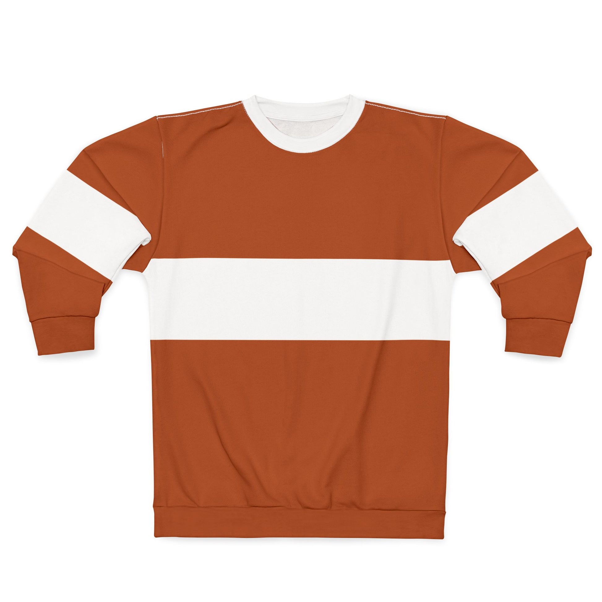 Printify fall casual sweatshirt for men and women in rust orange and white color block design