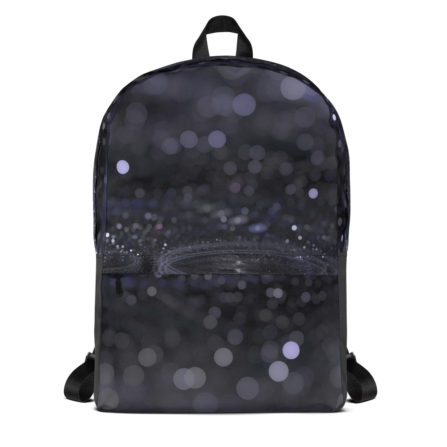 PJ Designs fashionable backpack with unique design in black with abstract bokeh pattern