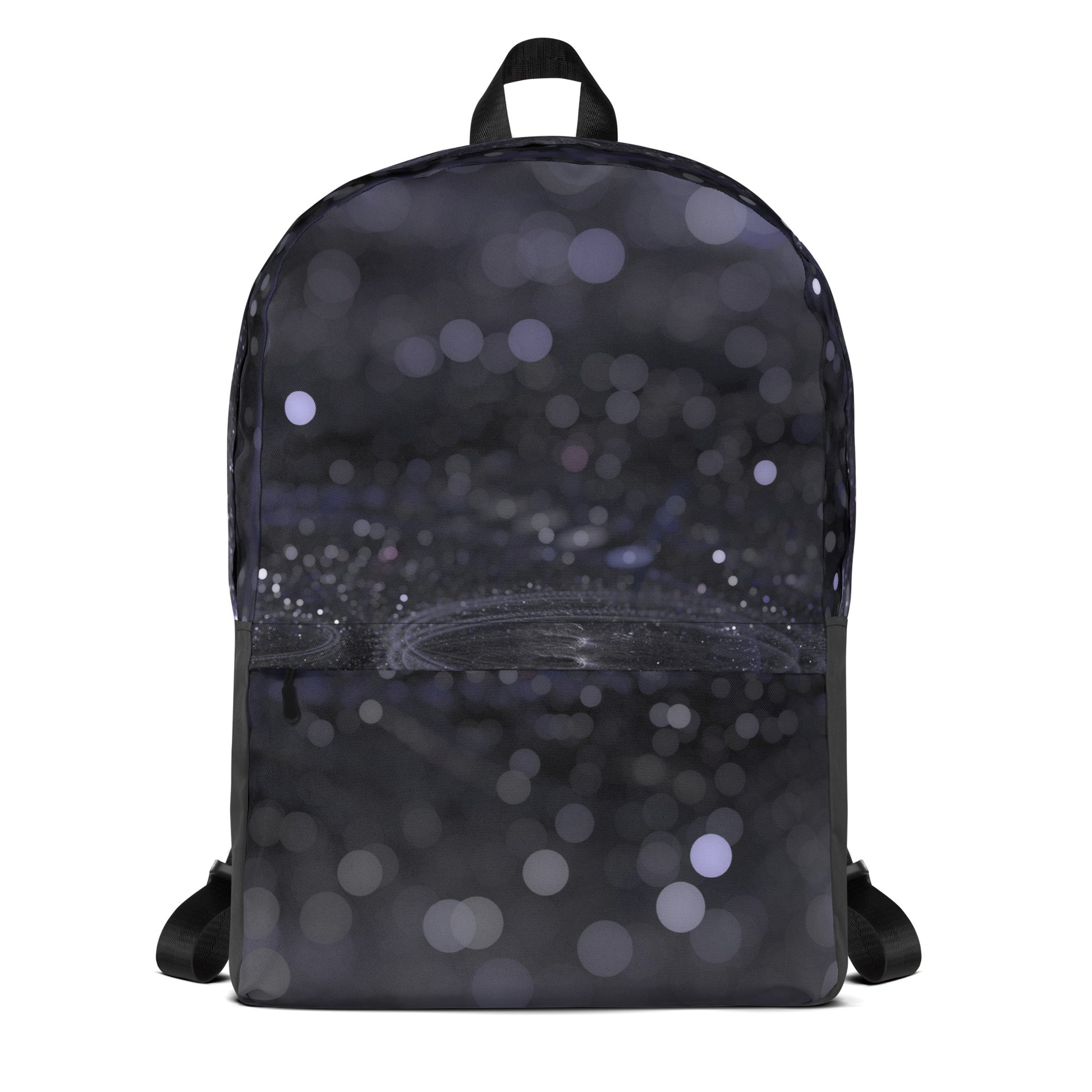 PJ Designs fashionable backpack with unique design in black with abstract bokeh pattern