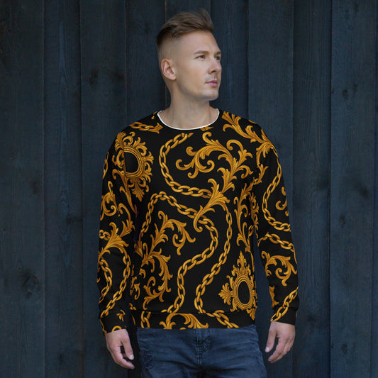 Man wearing PJ Designs fashionable unisex pullover with black and gold ornate chain pattern