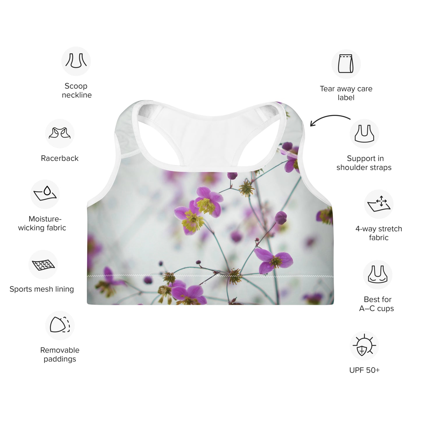 PJ Designs floral sports bra with padding featuring racerback and moisture-wicking fabric