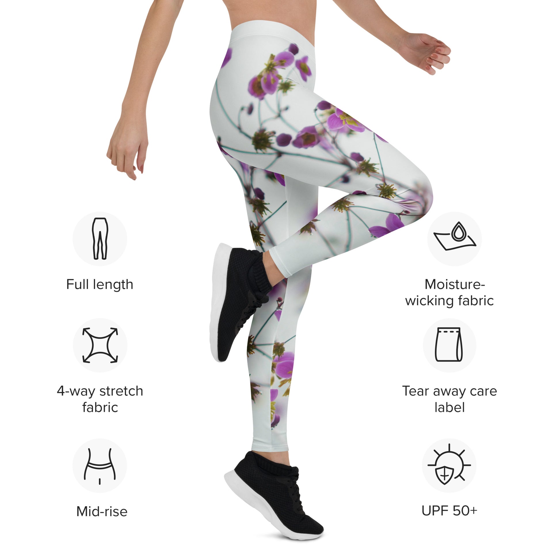 PJ Designs flower print yoga pants in white with purple floral design full length and mid-rise fit